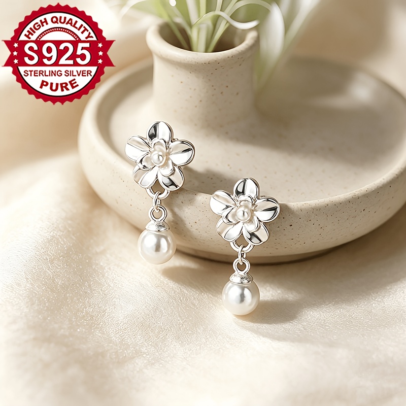 Women's 2pc S925 Silver Gardenia Flower Earrings with Pendant